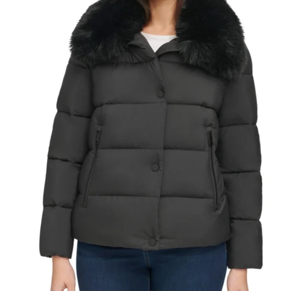 DKNY Ladies' Short Puffer with Removable Faux Fur Collar, Black Medium
